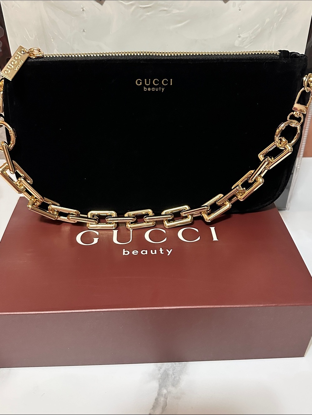 Gucci Black Velvet Cosmetic Pouch with Gold Accents, added Golden chain 🤩🖤 - Picture 3 of 12